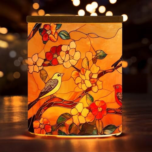 Stained Glass Hummingbird Tea Light Holder, Bird Flower Glass Jar Candle Holders,Battery Operated Flickering Tea Light Trinket Jar, Inspiration Candle Holders for Home Decor