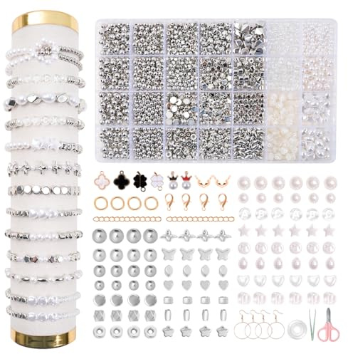 JHWELRG Selber Machen Perlen für armbänder Weiße Perle Schmuckherstellungs Set,Silber Armband Perlen Set zum Auffädeln Kit,Geschenke für Kinder Erwachsene Feiertage,Partys,Weihnachten,Partys,Ostern