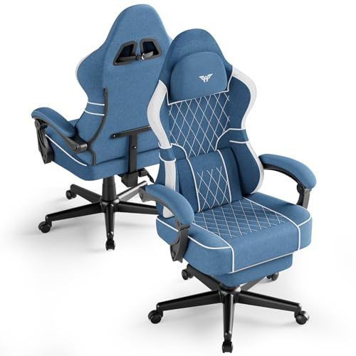 Ferghana Chaise Gaming Ergonomique，Fauteuil Game en Respirant，Gaming Chair avec Réglable Appui-tête,Coussin Lombaire Massage,Repose-Pied,Chaise de Bureau PC pour Bureau de Jeu (Bleu,Tissu Lin)