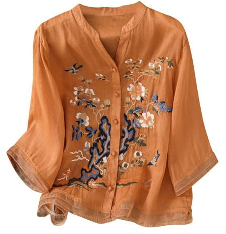 Cocila Chemisiers De Travail pour Femmes Bureau Professionnel Manches Longues Chemisier Brodé en Coton Et Lin Femme Style Bohème 3/4 Tunique Élégante Long Blouse Chic Vetement Femm Chemise