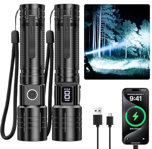 AdamStar Flashlight High Lumens Rechargeable Super Bright Flashlight Zoomable LED Flash Light with Dimmable, 6 Modes Waterproof Handheld Powerful Tactical Flashlights for Camping Emergency (2 Pack)