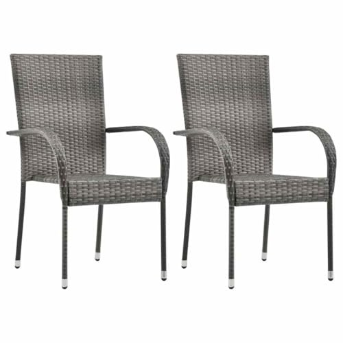 HaoChrymec Stapelstuhl Garten mit PE-Rattan und Stahlgestell, Stapelbar für einfachen Transport, Balkon Stuhl, Gartenmöbel Set, Relaxsessel Garten, Grau, 55.5 x 53.5 x 95 cm, 2 STK.