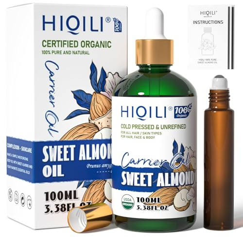 HIQILI Olio di Mandorle Dolci Puro 100ml, per Capelli, Pelle, Massaggio Corporeo e Diluizione di Oli Essenziali, con Flacone Roll-on Incluso