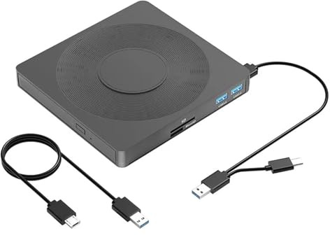 TIEOAXFT 5 in 1 External CD/DVD Drive USB 3.0 Type-C DVD CD Disc Player Writer Reader Burner with SD/TF Card Slot USB Ports for Laptop PC