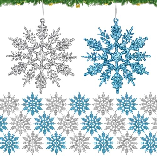 32 Stück Schneeflocken Deko Mit 36 Schnüren – Glitzer Schneeflocken Zum Aufhängen, 10 cm Schneeflocke Weihnachtsdeko Innen, Silber & Blau, Weihnachtsbaum Deko, Christbaumschmuck, Weihnachtsbaumschmuck