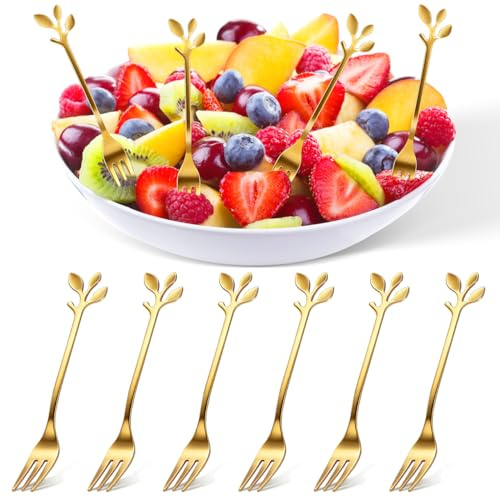 SHINEOFI Mini Fourchettes À Dessert En Inox Doré Forme De Feuille 10 Pièces Pour Apéritifs Salades Cocktails Et Usage Domestique Légères Et Compactes