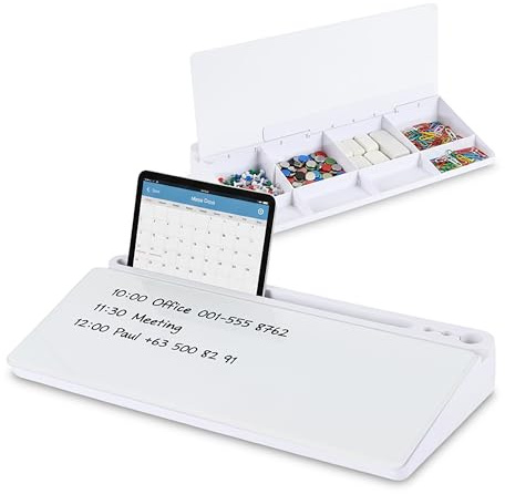 Relaxdays Skrivbordsorganisatör med whiteboard, 8 fack, plast, glas, HBT: 5,5 x 40 x 18 cm, kontorsförvaring, vit