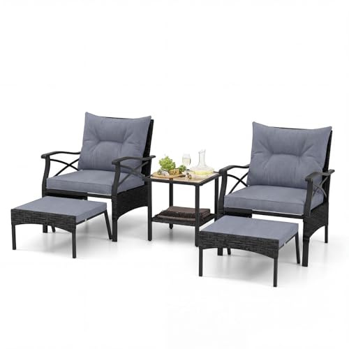 COSTWAY Rattan Gartenmöbel Set, 5-teiliges Balkonmöbel, Balkonset inkl. 2 Stühle mit Kissen, Hocker & Tisch, Terrassenmöbel, Gartengarnitur, Sitzgruppe für Garten, Balkon, Terrasse (Schwarz + Grau)