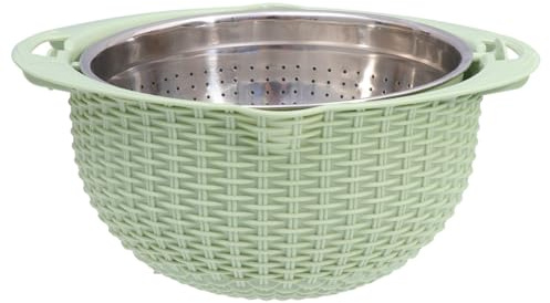 Veemoon Cesta de Drenaje de Doble Capa para Cocina, Cesta Multifuncional para Lavar y Escurrir Frutas y Verduras, con Tapa Ralladora, Acero Inoxidable, Color Verde Nórdico, Utensilio