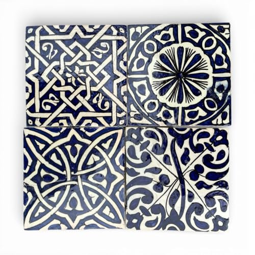 Marokkanische Keramikfliesen, handbemalt, Blau und Weiß, 15 x 15 cm, 4 Stück, mediterraner Boho-Stil, dekorativ für Küche und Bad