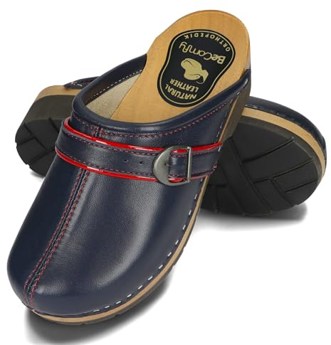 BeComfy Damen Leder Holzclogs Holzschuhe mit Schnalle Absatz rutschfest
