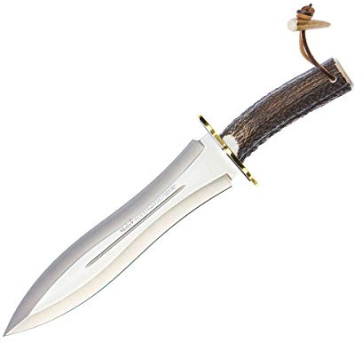 Muela Cuchillo PODENQUERO-A hoja de acero ACX-380 de 26 cm y empuñadura de asta de ciervo para Caza, Pesca, Supervivencia y Bushcraft Realizado en Ciudad Real + Portabotellas de regalo