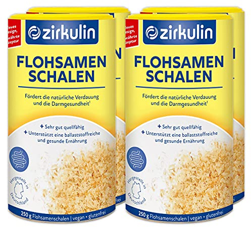 Zirkulin Flohsamenschalen, reich an hochwertigen Ballaststoffen, vegan, glutenfrei geschmacksneutrales Nahrungsergänzungsmittel zur Unterstützung der natürlichen Verdauung, (4 x 250g)