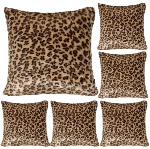 Hodeacc Lot de 6 Housses de Coussin de la série imprimée léopard,taie d'oreiller en Fausse Fourrure à thème Animal en Peluche Douce,Housse de Coussin pour la Maison,18 x 18 Pouces