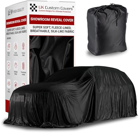 Showroom Reveal Car Cover - Indoor Car Cover with Fleece Lined Silk Material, Luxury Breathable Car Covers for Unveiling with Storage Bag by UK Custom Covers (Black, Medium 600cm x 450cm)