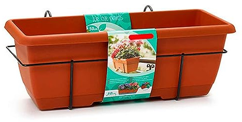 Acan Tradineur - Jardinera para balcón con Plato Integrado y Soporte metálico - PLFT - Fabricado en plástico - Capacidad de 10 L - 17 x 50 x 19,5 cm - Color Marrón