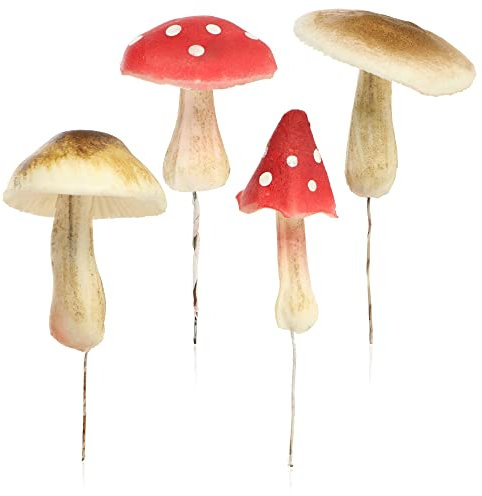 com-four® Hongo Decorativo 4X - Hongos Artificiales para Insertar como decoración de otoño y Navidad - Embellece Regalos, arreglos Florales y Coronas (2X Amanita muscaria / 2X Russula)