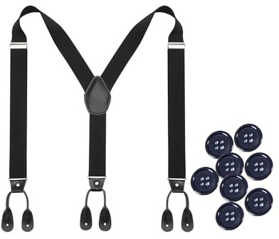 Kajeer Mens Button Braces for Trousers - 1.37 Inches Adjustable Faux Leather Suspenders for Men’s Heavy Duty with 8 Buttons (Black)