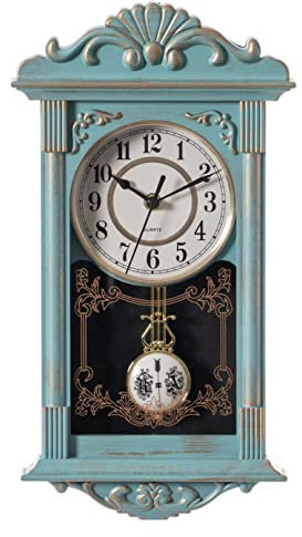 Clockswise Vintage Grandfather Wood-Looking Plastic Pendulum Decorative Battery-Operated Wall Clock, for Office, Home Decor, Living Room, Kitchen, or Dining Room, Blue with Gold Distressed Design