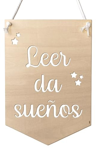 nagu® Banderín de Madera con Frase Leer da Sueños – Tamaño Grande 30x22 cm – Decoración de Lectura o Habitación Infantil – Regalo Original para cumpleaños de Niños
