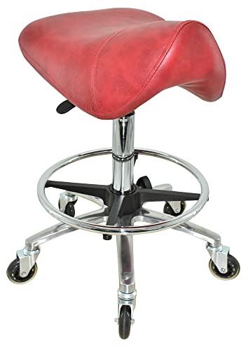VAKON SALON - Premium Sattelhocker Rot, Sattelstuhl für Rückenentlastung, Rollhocker höhenverstellbar von 55-75 cm mit Fußring, Drehhocker, Praxishocker, Bürohocker, Arbeitshocker