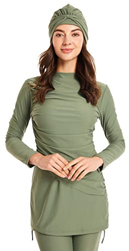 OBEEII Muslimische Bademode Bescheidene Islamische Badeanzüge Hijab Set Badeanzug Bikini, Damen 3-teilige muslimische Bademode Full Cover Hijab Burkini Modest Badeanzug Grün 4XL