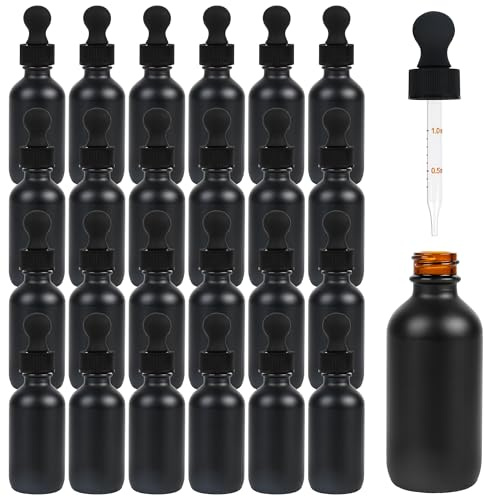 ZBCCEOB 24 Pack Frosted Black Dropper Bottles, 2oz/60ml Glass Tincture Bottles with Measured Eye Dropper, Leak Proof Travel Bottles for Essential Oils/Chemistry Lab Chemicals/Colognes & Perfumes