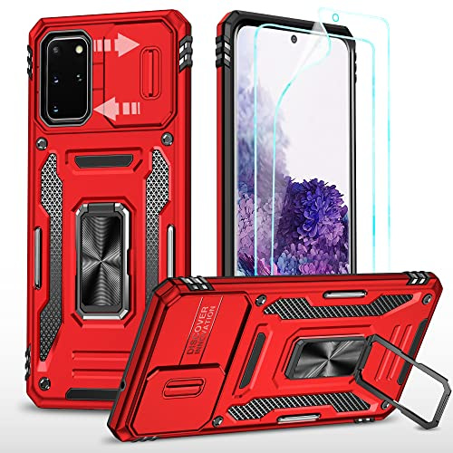 YmhxcY Hülle für Samsung Galaxy S20 mit 2 Displayschutzfolie, Slide Camera Cover, Militär Grade Schutzhülle, 360° Drehen Metallständer - Rot