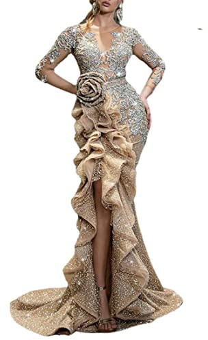 NLAVW Abendkleider für Damen, lang, figurbetont, mit Rüschen, formelles Kleid, Ballkleid, Seitenschlitz, Glitzer, Party, Abschlussball, Kleid, Kleider, reife Kleider