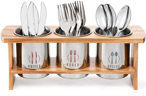 Lyellfe Silverware Holder for Countertop, Stainless Steel Cutlery Utensil Organizer with Bamboo Stand, Flatware Holder for Spoon, Fork, and Knife