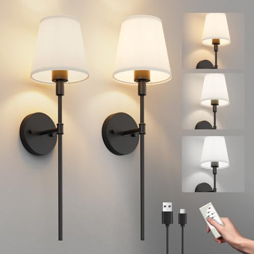 Aipsun Akku Wandleuchte mit Fernbedienung,2er Pack,mit Glühbirne,Schwarz | Aufladbare Wandlampe mit 5500mAh Batterie, dimmbar mit Stoffschirm für Wohnzimmer