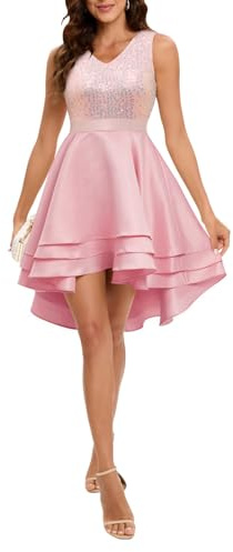 Meetjen Women's Cocktail Dress High Low Short Sparkly Sequin Satin Fancy V Neck Prom Semi-Formal Dresses 2025 Pink L
