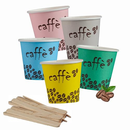 Bicchierini da Caffè con Palette in Legno, 1000 + 1000 Pezzi, Usa e Getta Biodegradabili 75 ml, Tazzine Caffè Espresso Monouso Compostabili Ecologiche in Carta, Resistenti, Ideali per Bar e Uffici