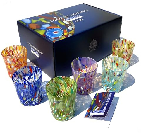 MAZZEGA ART & DESIGN - Verres Tumbler Colombina en Verre Soufflé et Travaillés à la Main avec des Murrines de Murano, ligne « Les Couleurs de Murano » 350 ml. Fabriqué en Italie. (6, MIX+BOX)