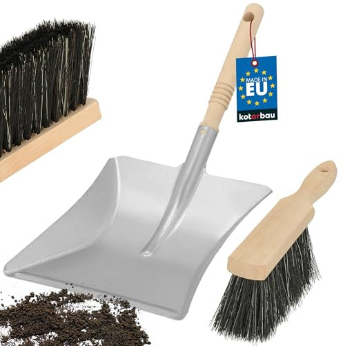KOTARBAU® Pelle et Balayette - Pelle de Charbone en Acier Galvanisé - Manche Bois - Balayette Bois - 30 cm - Gris et Naturel - Ramasse Poussière - Résistant - Ergonomique