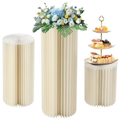 Jeorywoet 3 Pcs Cylinder Pedestal Stand, Elegant White Cardboard & Acrylic Wedding Dessert Cake Stand with Lid, Foldable Reusable for Anniversary, Christmas Displays