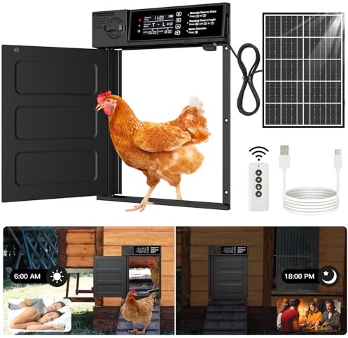Pet Deluxe Automatische Hühnerstalltür, groß, solarbetriebene Stalltür mit Öffnung im Notfall, Anti-Pinch, Timer und Lichtsensor, Aluminium, wasserdicht, Auto-Hühnertür mit Solarpanel