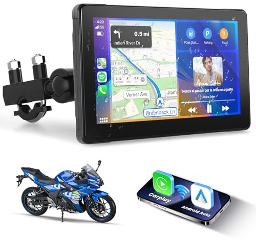 Podofo Kabelloser CarPlay Bildschirm 7 Zoll für Motorrad - Tragbares CarPlay & Android Auto, Wasserdichter Touchscreen mit Dual-Bluetooth, Navigation/Siri Assistant/12V, 1024*600