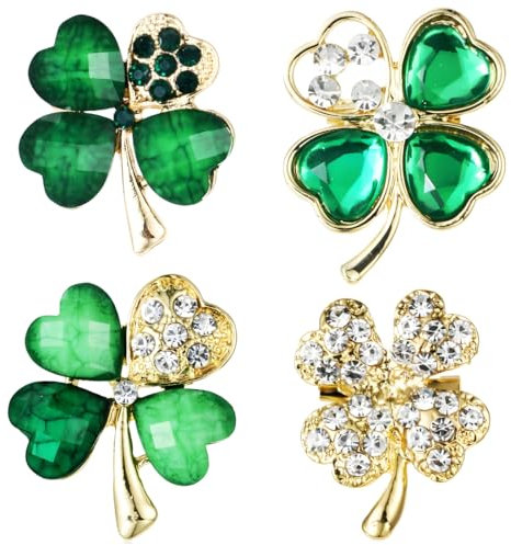 4 Pièces Trèfle à Quatre Feuilles Broche, Broche Strass Vert, Alliage Cristal Écharpe Clip, pour Femmes, Filles