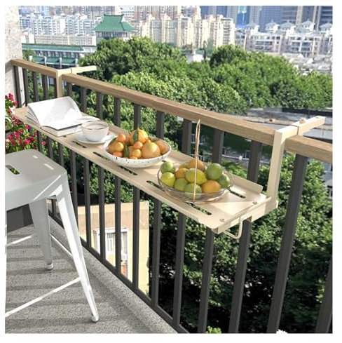 Mensola da balcone sospesa per ringhiera all'aperto, supporto per fiori e per servire cibo, in legno naturale (nero, lunghezza 90 x larghezza 25 cm)