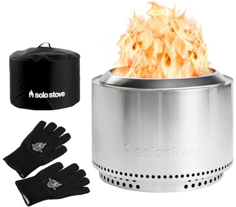 FEUERGOTT Set - Solo Stove Canyon XL Ø 76cm rauchfreie Feuerstelle & Grill- & Ofenhandschuhe, hitzebeständig bis 350°C, größte Edelstahl Feuerschale für Gartenpartys & große Gruppen - Outdoor