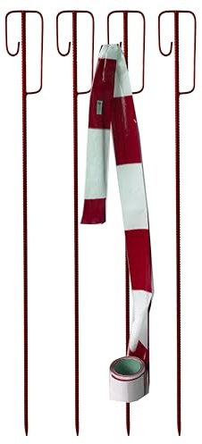 UvV Absperrleinenhalter Stahl Set Laterneneisen 1200 mm lang Ø14 mm mit UVV-Bügel und 1 Rolle (100m) Warnband/Absperrband (Rote Absperrung 4 Stück Set)