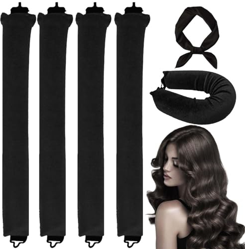 4-teiliges Lockenwickler-Set ohne Hitze – Lockenwickler mit Haarband und verstellbarem quadratischem Schal für Locken über Nacht, Lockenstäbe ohne Hitze, sicher für langes Haar (schwarz)
