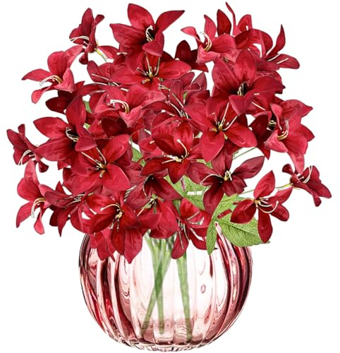 Flores artificiales rojas - Lirio sintético con tallo para bodas, fiestas, manualidades, decoración del hogar 4603