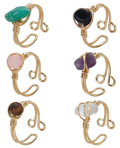 FINGERINSPIRE 6Pcs Adjustable Gold Wire Wrapped Rings Irregular Crystal Gemstone Rings Natural Black Agate Amethyst Tiger Eye Ring Quartz Crystal Rose Quartz Ring