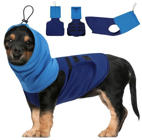 SAWMONG Dog Anxiety Vest, Breathable Calming Shirt Adjustable Chest & Hood for Dogs, Soft Pet Stress Relief Calming Coat Wraps Ears for Noise, Thunderstorms, Fireworks and Separation(Blue, Medium)