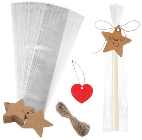 200 Stück Cellophantüten Ostern Set zum Verpacken von Kerzen inkl. Bindfaden und Etikett,Vielseitig Einsetzbare Lange Zellophantüten Ostern für Kerzen, Süßigkeiten, Snacks und Blumen（5 * 25）