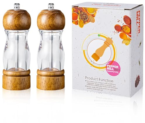 Salt and Pepper Grinder 2pcs, Reusable Wooden Peppers Mill Manual Cover | with Adjustable Roughness High Hardness Ceramic Core for Kitchen Sea Salt Black Pepper Spices