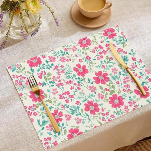 Pink Petals Placemats Set of 6,Watercolor Flowers Vines Washable Table Mats for Kitchen Dining Table, White Cotton Linen Place Mats for Indoor Outdoor Parties Holiday Decoration