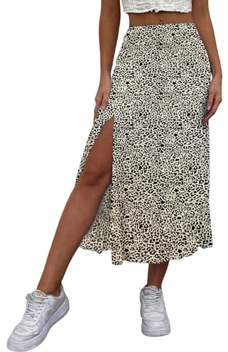 GORGLITTER Damkjol, sommar, lätt och luftig, leopardkjol, A-linje, sommarkjol med slits, fritidskjol, lång strandkjol med leopardmönster, Lejon, L